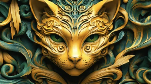 Detailed Art Nouveau Cat Sculpture in Gold and Teal