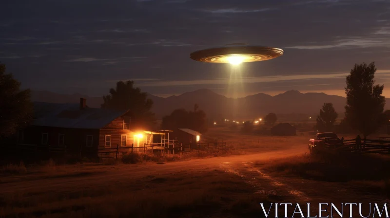 Alien Encounter: Flying Saucer at Night Over Farmstead AI Image