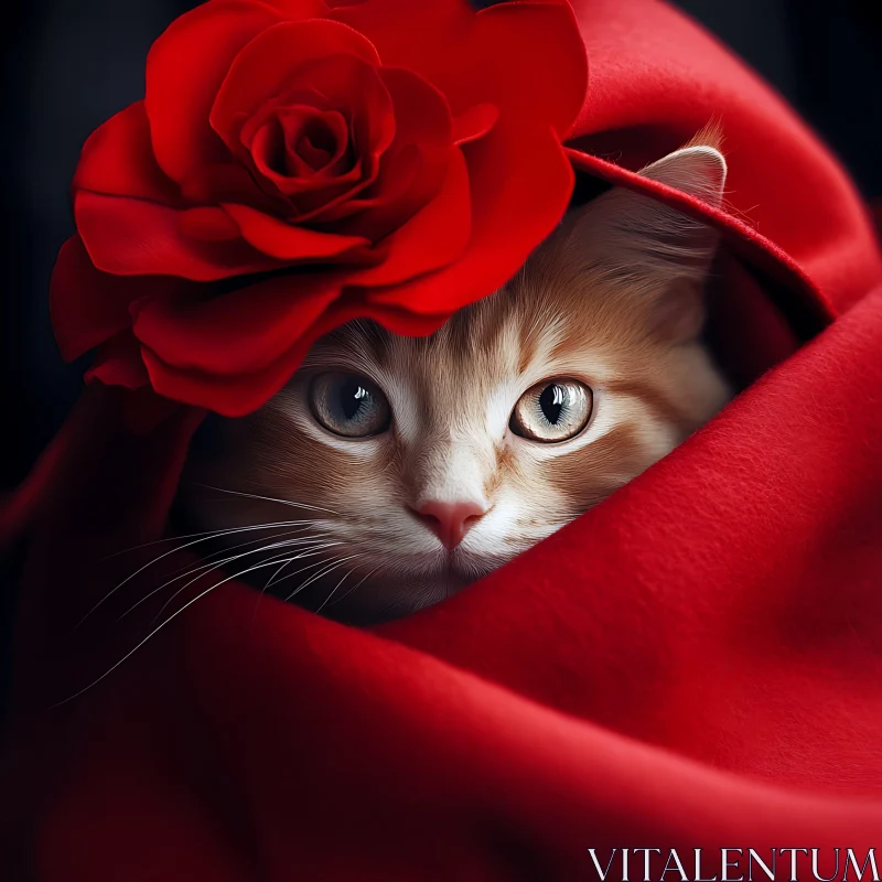 Feline Elegance with Red Rose AI Image