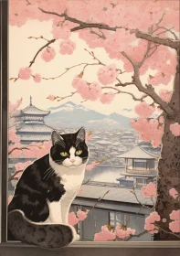 Cat with Cherry Blossoms and Japanese Architecture