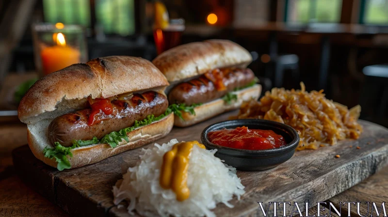 Delicious Bratwurst Sandwiches on Wooden Table AI Image