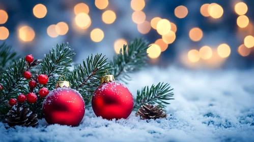 Red Holiday Ornaments with Snow and Pine in a Festive Setting