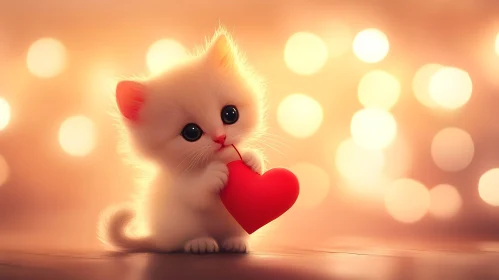 Cute Kitten Holding Heart with Bokeh Lighting