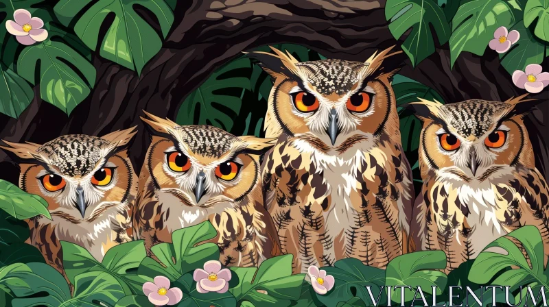 Enchanting Owls Perched on Tree Branches AI Image