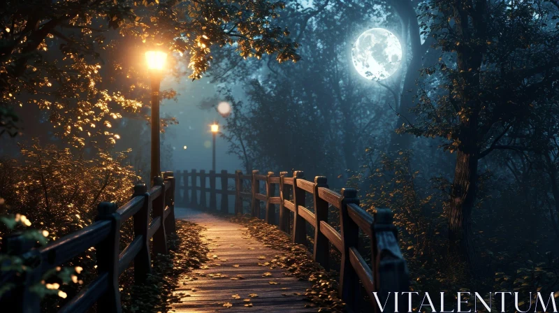 Enchanting Wooden Bridge in a Dark Forest at Night AI Image