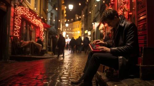 Engrossed Young Man in Festive Atmosphere: A Captivating Image