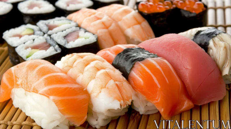 Exquisite Sushi and Sashimi Close-Up on Bamboo Mat AI Image