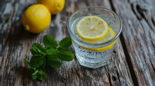 Refreshing Still Life: Glass of Sparkling Water with Lemon Slices and Mint Leaves