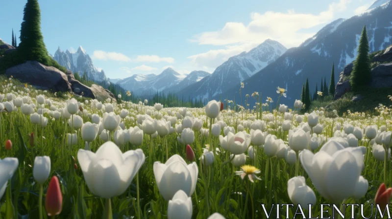 Serene Landscape with White Flowers: A Celebration of Nature AI Image