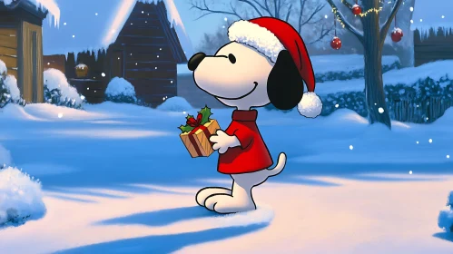 Festive Cartoon Dog Holding Christmas Gift in Winter Wonderland