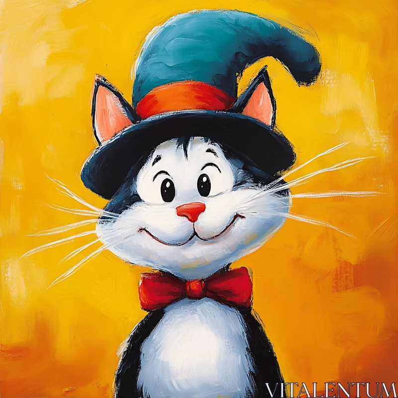 Smiling Cat in Colorful Hat and Bow Tie Illustration
