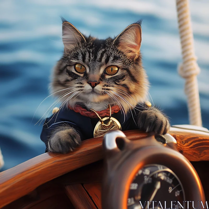 Nautical Feline – Cat Steers Boat in the Sea