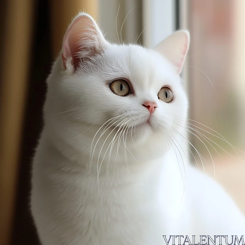 Elegant White Cat Staring Silently Through the Window
