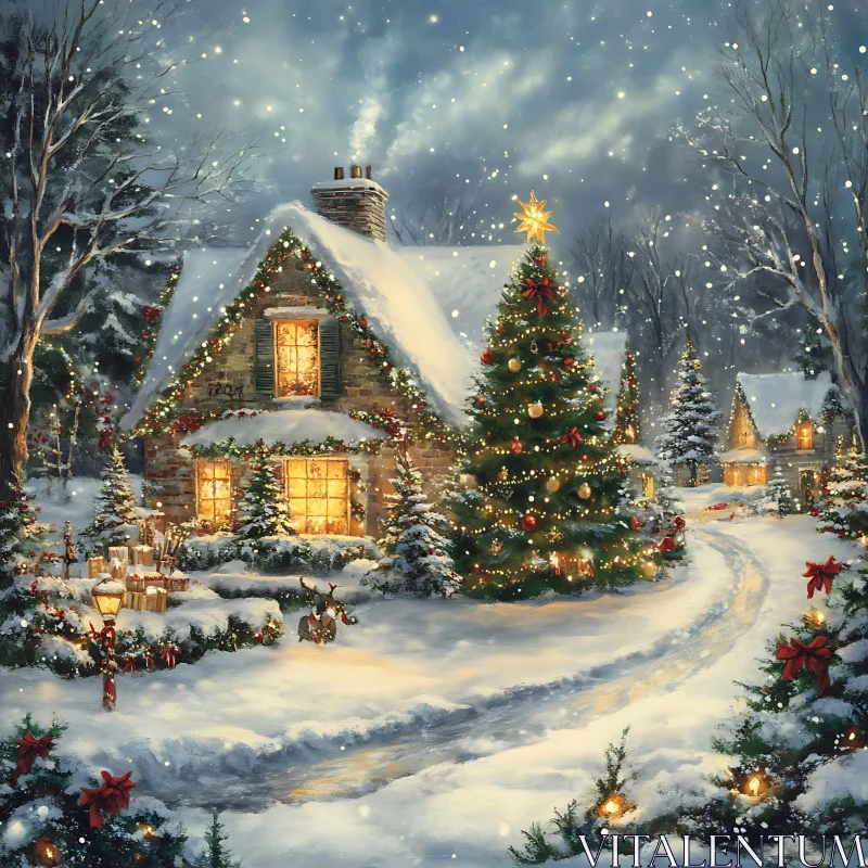 Majestic Wintery Christmas Scene at a Cozy Cabin