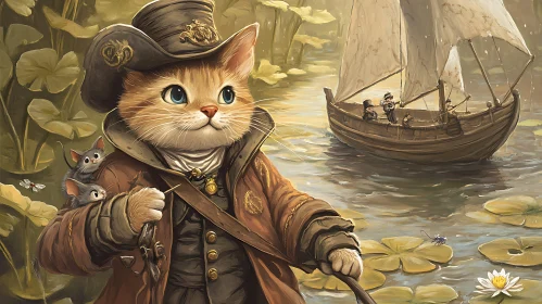 Adventurous Cat Pirate with Mice and Ship