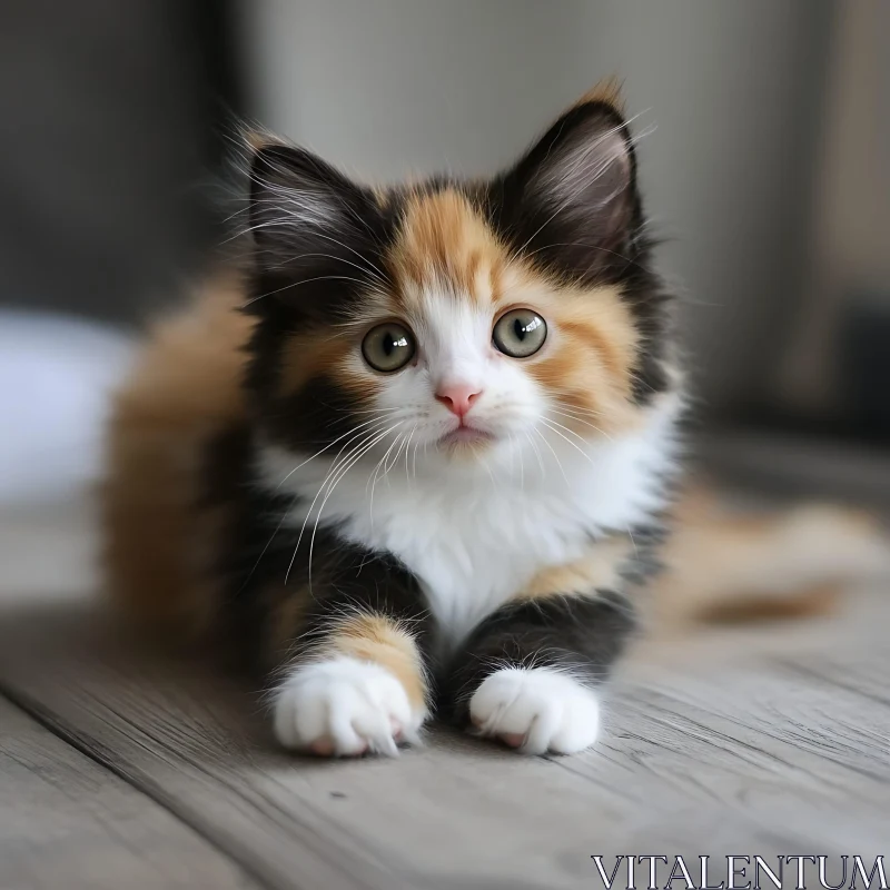 Cute Tricolor Kitten Lying on Wooden Surface