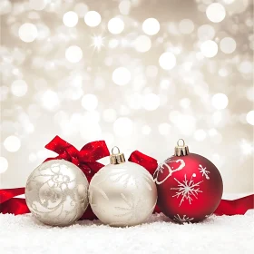 Christmas Baubles with Snowflake Patterns and Red Ribbon