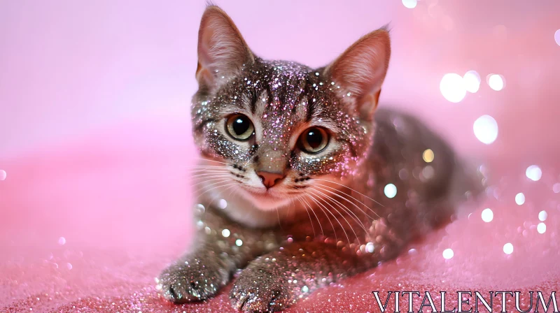 Sparkling Tabby Cat on Pink Surface