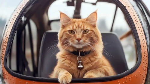 Curious Orange Cat in Helicopter Cockpit