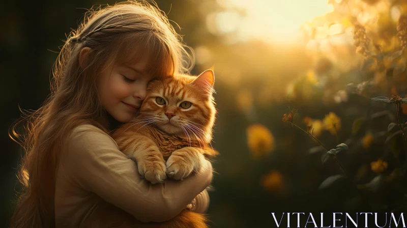 Tender Moment between Girl and Cat at Sunset