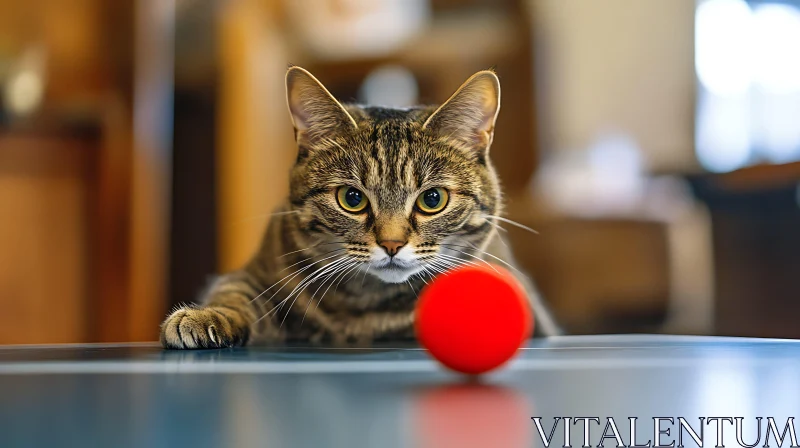 Feline Focus on Red Ball AI Image