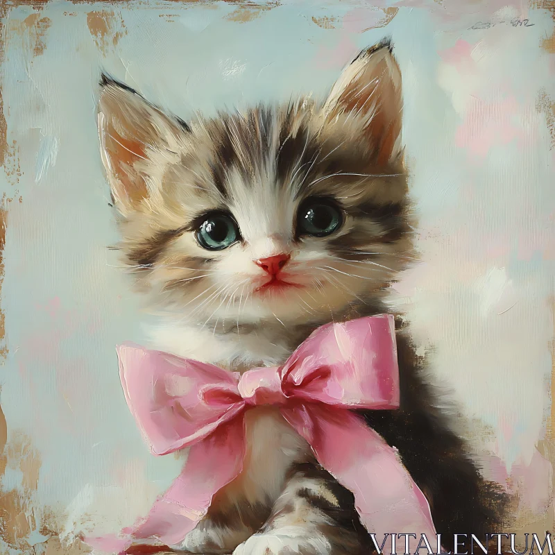 Fluffy Kitten with Pink Ribbon in Soft Pastel Colors