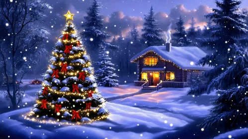 Festive Winter Cabin with Christmas Tree and Snowfall