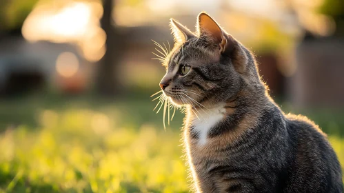 Sunlit Portrait of a Tabby Cat Outdoors