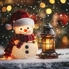 Snowman and Antique Lantern in Winter Wonderland