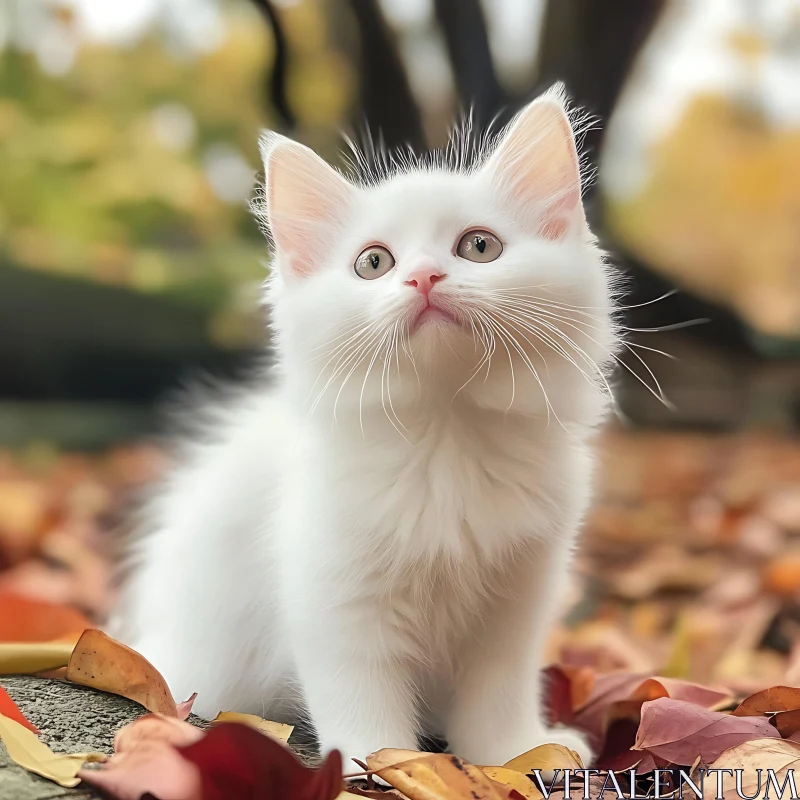 White Kitten in Autumn Foliage
