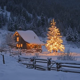 Snowy Log Cabin with Christmas Tree Lights