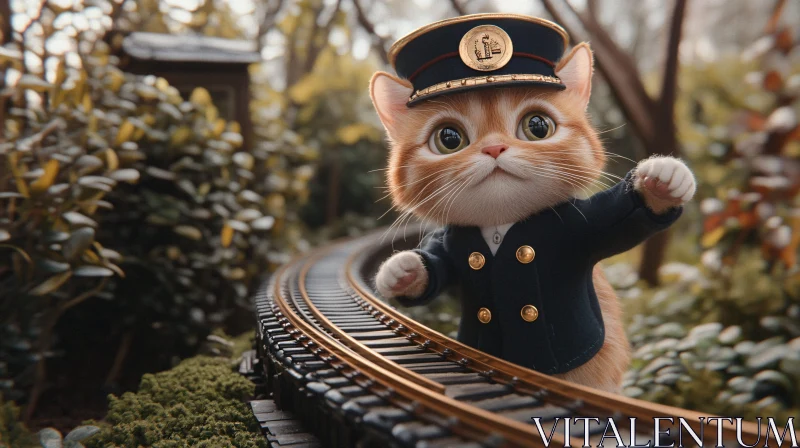 Cute Cat Conductor on Model Railroad AI Image
