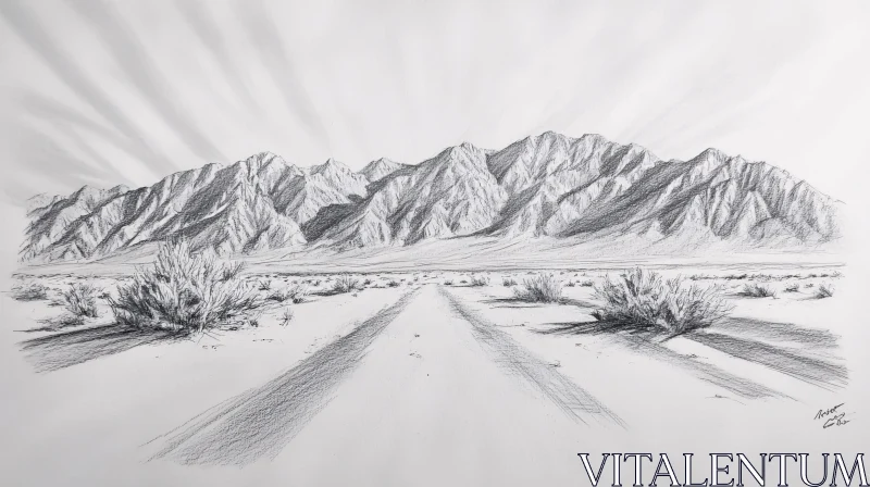 Monochrome Sketch Art of Mountains and Desert