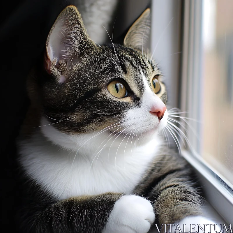 Curious Tabby Cat Staring Outside AI Image