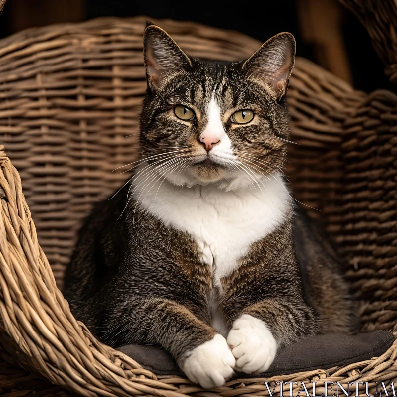 Serene Cat in Wicker Basket