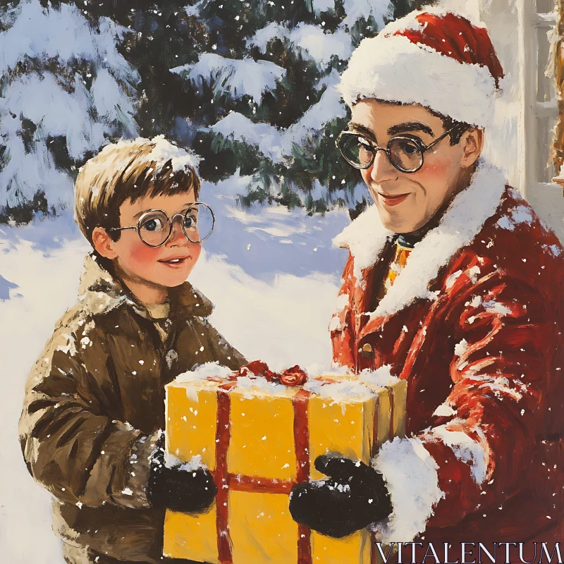 Child and Santa Claus in Snow with Christmas Gift
