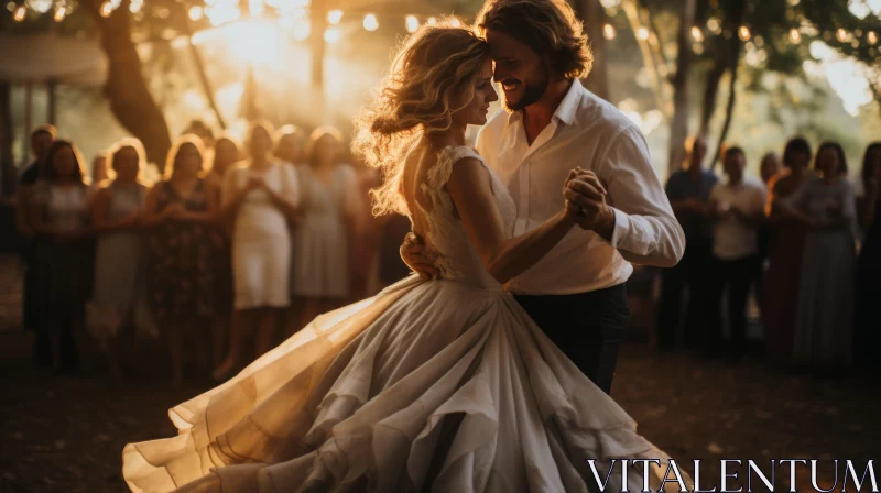 Bride and Groom Dancing in Forest at Sunset AI Image