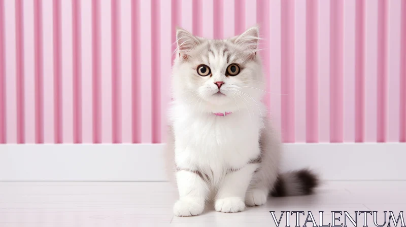 AI ART Charming White and Gray Kitten with Pink Collar