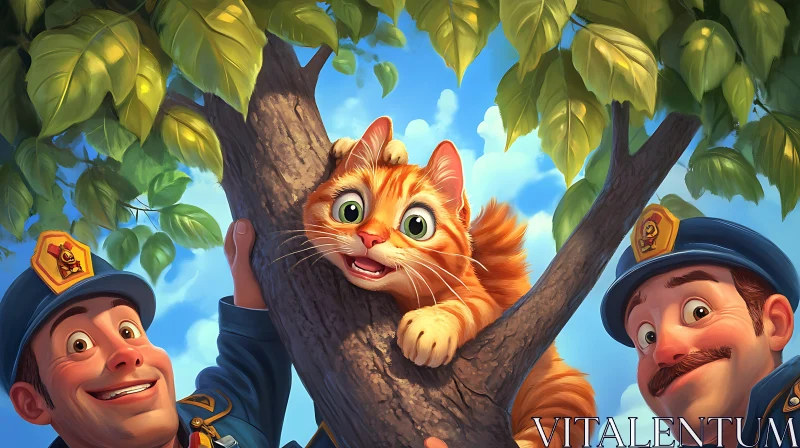 Cartoon Policemen Rescuing a Cat Stuck in a Tree