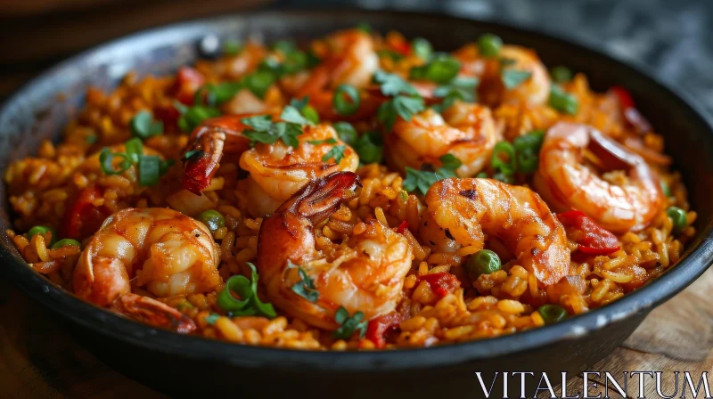 Delicious Paella Dish: Fluffy Rice, Perfectly Cooked Shrimp, Vibrant Bell Peppers AI Image