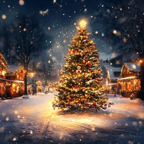 Festive Winter Village with Christmas Tree