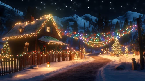 Festively Lit Cabin in Winter Wonderland