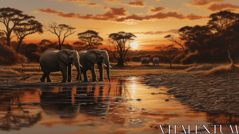Elephants at Sunset: A Serene Landscape Painting AI Image