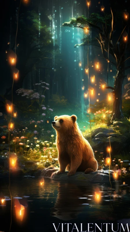 Enchanting Forest Illustration with Glowing Bear AI Image