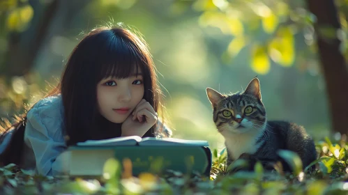 Serene Forest Reading with Curious Cat