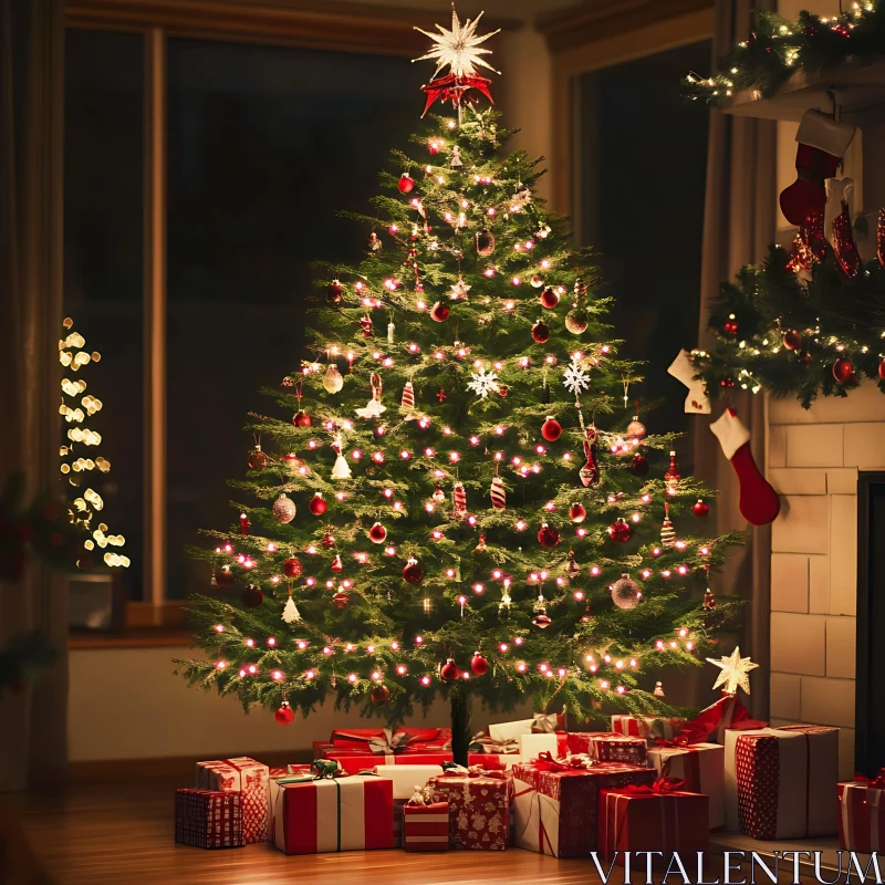 Elegant Christmas Tree with Holiday Decorations AI Image