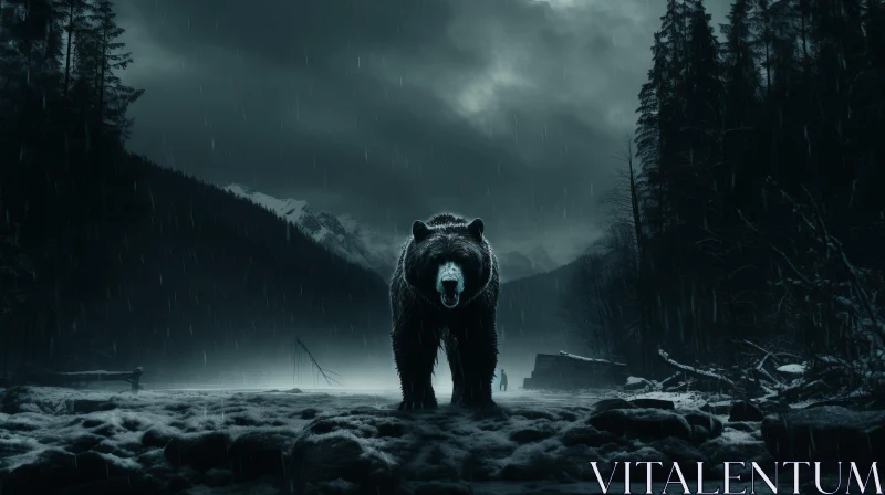 Majestic Black Bear in Rainy Woodland - Otherworldly Artistic Depiction