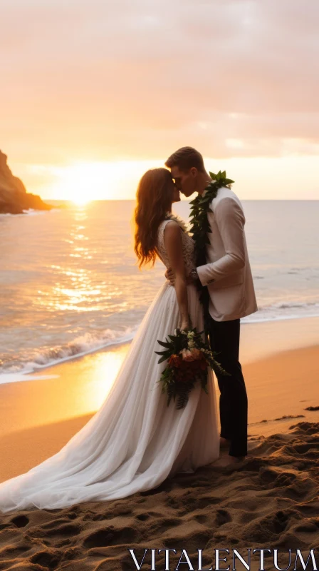 Passionate Beach Wedding Kiss at Sunset - Bride and Groom in Hawaii AI Image