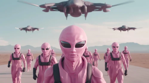 Pink Aliens in Military Uniform Marching in Desert