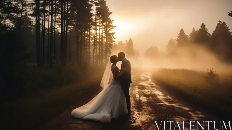 Romantic Wedding Photography in a Foggy Forest at Sunrise AI Image